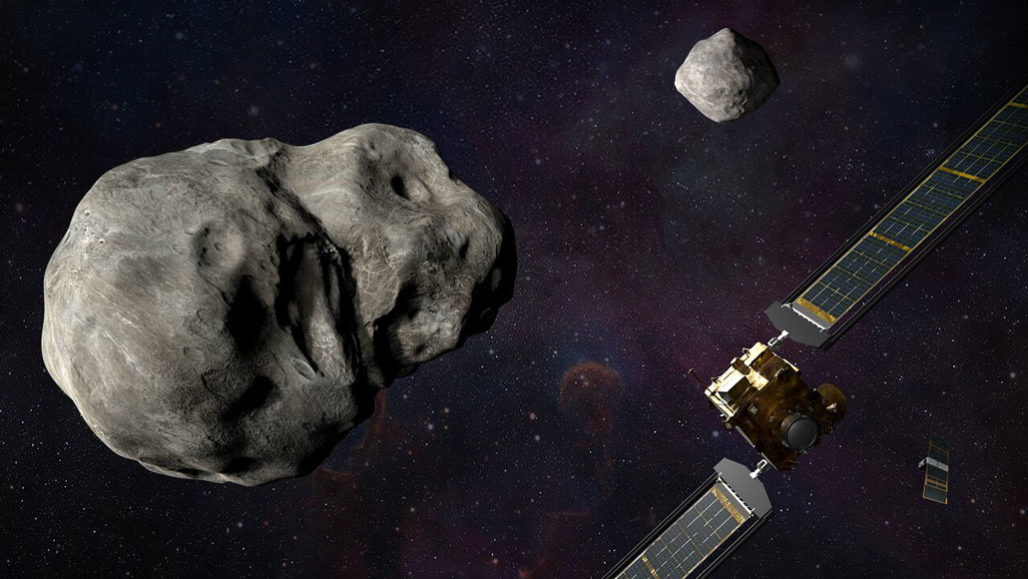 Лунный астероид, недавно названный Dimorphos (оставленный в рендеринге этого художника), был выбран в качестве цели первой миссии НАСА по отклонению астероидов - которая будет включать отправку космического корабля с головой в скалу, чтобы изменить его траекторию в пространстве. NASA, STEVE GRIBBEN/JOHNS HOPKINS APL.