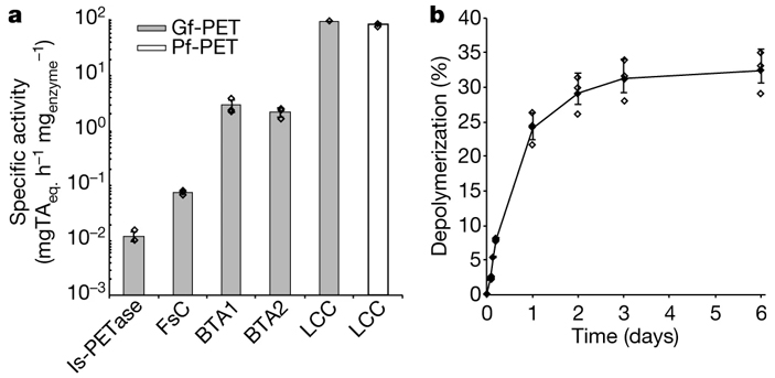 Слева: сравнение активности различных ферментов в применении к аморфному полиэтилентерефталату (Gf-PET). Белый столбик — активность кутиназы компостных листьев LCC, примененной к кристаллическому полиэтилентерефталату (Pf-PET). Справа: скорость деполимеризации кристаллического полиэтилентерефталата под действием кутиназы компостных листьев. Графики из обсуждаемой статьи в Nature