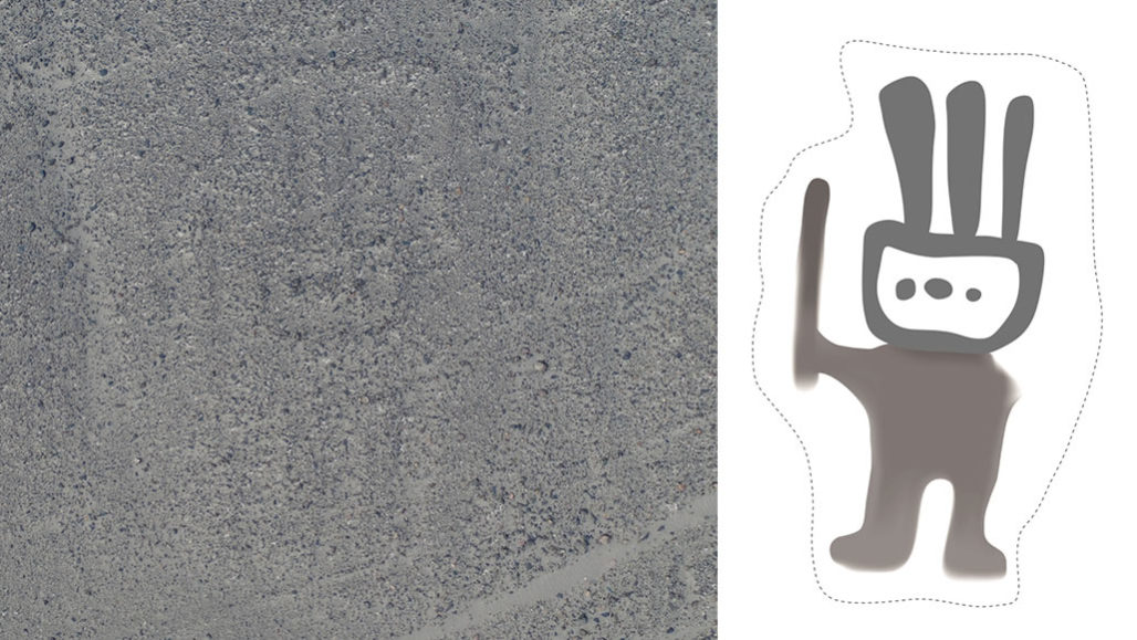 Используя искусственный интеллект, который сканирует спутниковые и беспилотные снимки для обнаружения следов древних геоглифов, выгравированных на местности, ученые обнаружили новую линию Наска в виде гуманоидной фигуры в Перу (фото слева, эскиз справа). IBM RESEARCH.